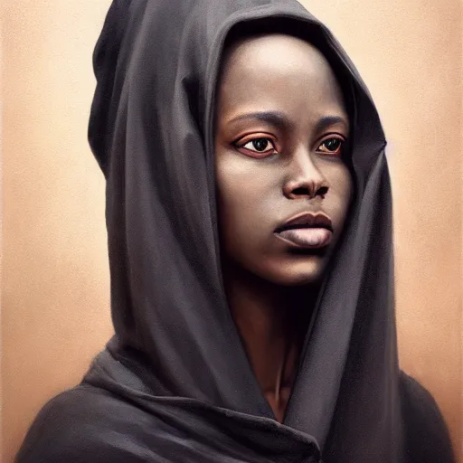 Image similar to a portrait of a young black woman wearing a long dark cloak, hood and shadows covering face, anatomically correct, beautiful perfect face, enigmatic, oil painting, matte painting, black background, Volumetric dynamic lighting, Highly Detailed, Cinematic Lighting, Unreal Engine, 8k, HD, by Beksinski