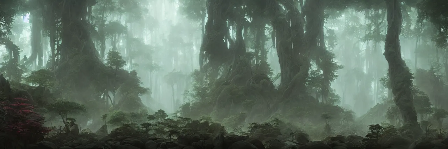 Image similar to Mysterious beautiful Buddhist forest, matte painting by Peter Mohrbacher, featured in artstation, octane render, cinematic, elegant, intricate, 8k