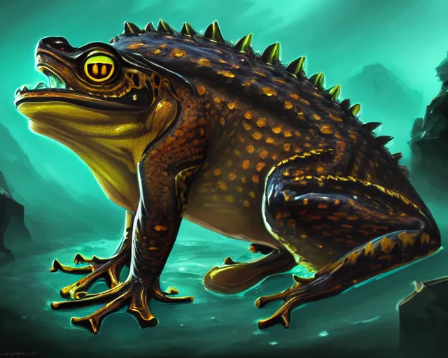 Image similar to black frog with deep big yellow eyes, deep focus, d & d, fantasy, intricate, elegant, highly detailed, digital painting, artstation, concept art, matte, sharp focus, illustration, hearthstone, art by tiger tiger tiger