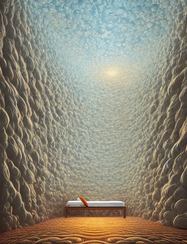 Image similar to a photo of a bed floating above the floor in the middle of a giant tesselating room with windows opening to multiple dimensions by casey weldon by thomas blackshear, octane render, recursive, flowing, cascading, multiverse, labyrinthine