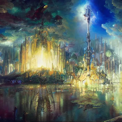 Image similar to God Saint-Light Paradise, hyperrealism, no blur, 4k resolution, ultra detailed, style of John Berkey, Hans Thoma, Anato Finnstark