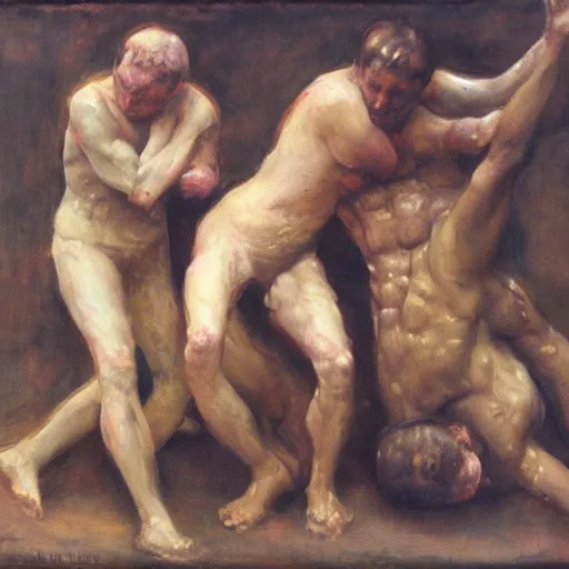 Prompt: 3 drunks fall over mud - wrestling,, oil painted ( ( ( ( ( ( by rodin ) ) ) ) ) )