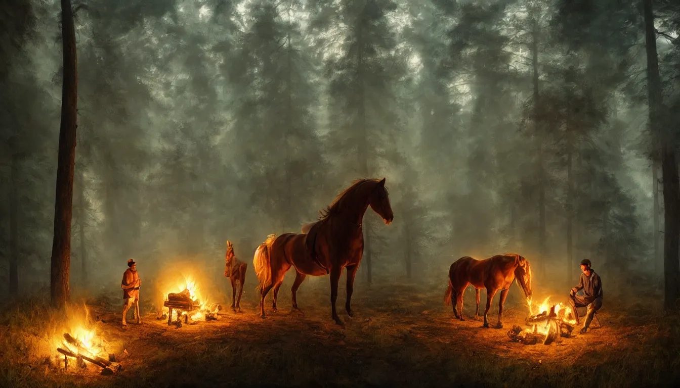 Image similar to a man and his horse camping by a small fire, in a mystical forest at night, intricate, elegant, volumetric lighting, digital painting, highly detailed, artstation, sharp focus, illustration, concept art, ruan jia, steve mccurry