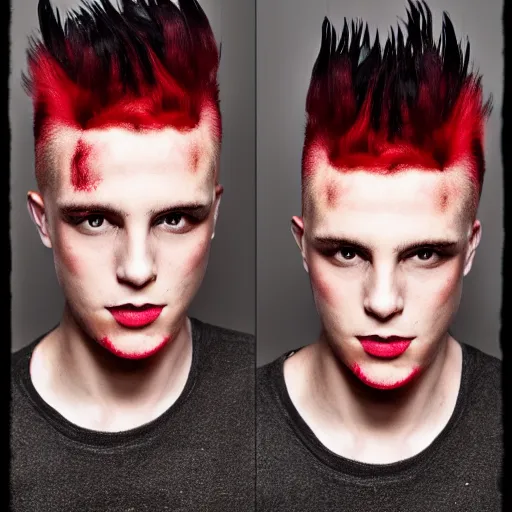 Prompt: young man with a short red dyed mohawk, red eyes and a slim face, dressed in punk clothing, headshot photo, attractive, handsome, in color, no makeup, model