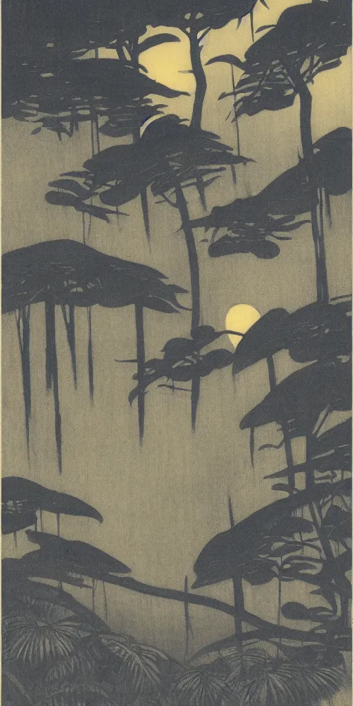 Prompt: rainforest at night by ohara koson, 1 9 1 0