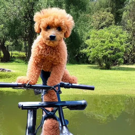 Image similar to A apricot colored toy poodle that looks like a teddy bear riding a bike in a beautiful park with a pond