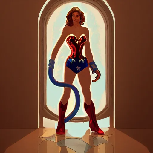 Image similar to Meg Ryan as Wonder Woman, ambient lighting, 4k, alphonse mucha, lois van baarle, ilya kuvshinov, rossdraws, artstation
