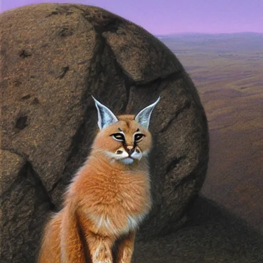 Image similar to a cute fluffy caracal on a high hill landscape with a circle of four large stones like fingers on the top, by ted nasmith