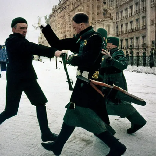 Prompt: stepan bandera kills putin, realistic, Photographed with Leica Summilux-M 24 mm lens, ISO 100, f/8, Portra 400