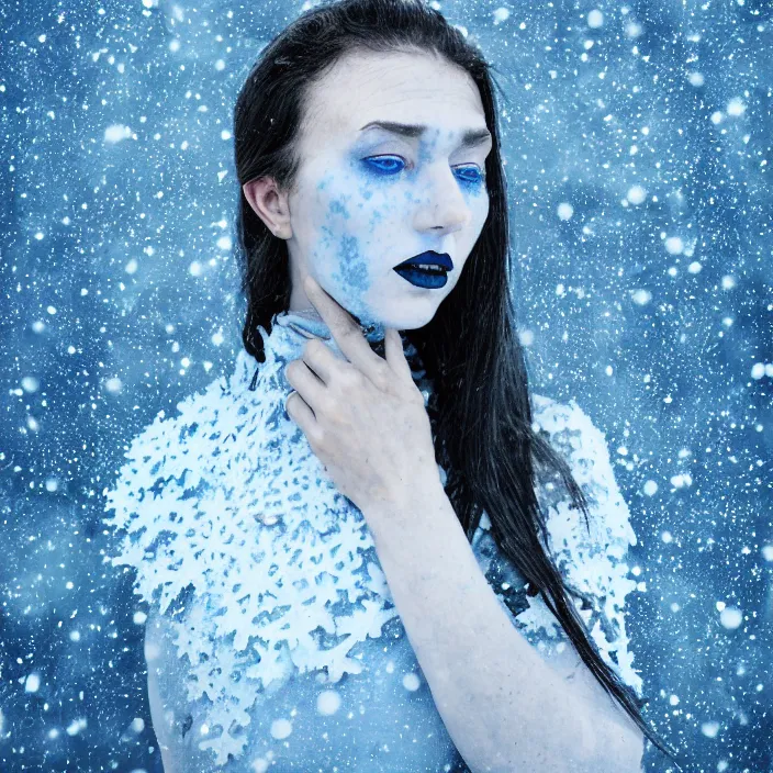 Prompt: a woman wearing a highneck dress made out of snowflakes. she is sickly looking and dying of hypothermia. very pale and blue lips. full body digital portrait by maromi sagi