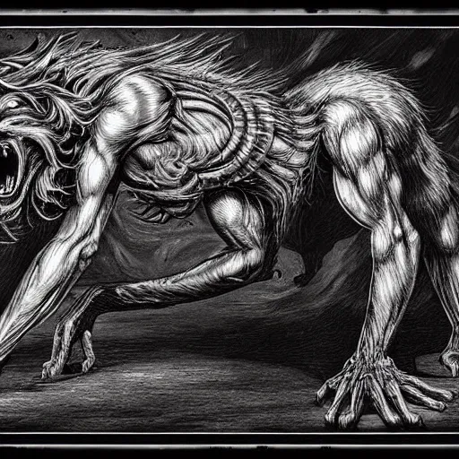 Prompt: half Werewolf half Hellhound Building a structure, style of H. R. Giger, disquieting, unsettling, baroque style. Highly detailed, cinematic, dramatic