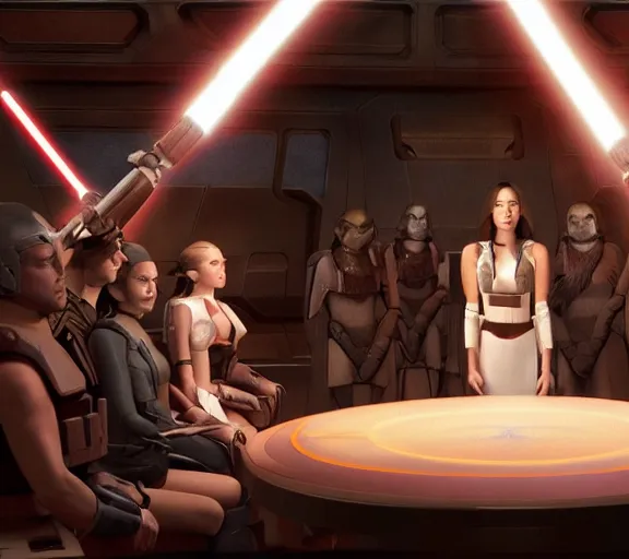 Image similar to Still of Megan Fox on the Jedi Council, being briefed on the clone wars, Star Wars Universe, Cinematic Lighting, beautiful composition, 8K resolution