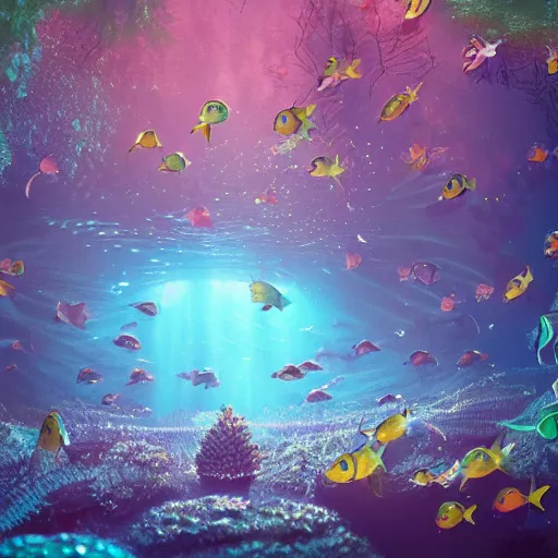 Image similar to school of fish swimming in the magical forest under the water , dreamy, magical effect, glowing effect, devianart, artstation, hyperreal, hyperdetailed, illustration