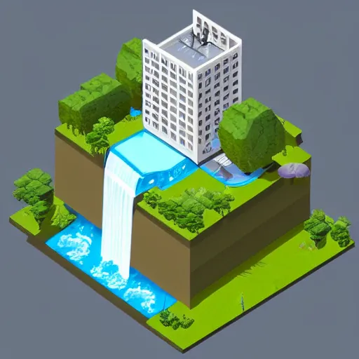 Prompt: isometric waterfall architecture