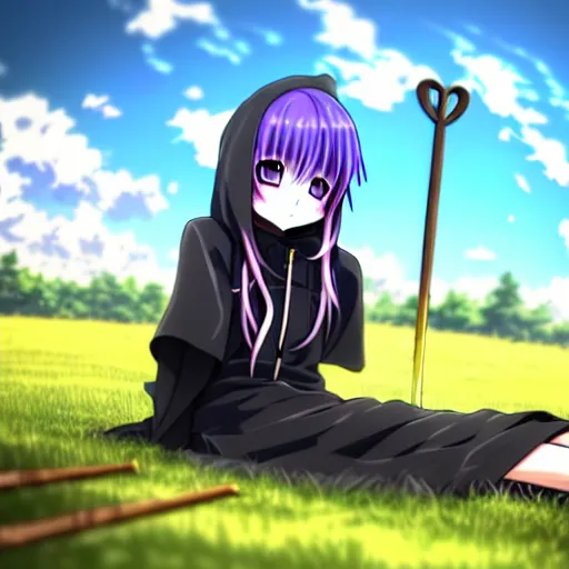 Prompt: A cute young real life 3D anime girl with long blueish lavender hair, wearing a black reaper hood with shorts, a bloody scythe is laying next to her foot, sitting on one knee in a large grassy green field, shining golden hour, extremely cute anime girl face, she is happy, childlike, little kid, Haruhi Suzumiya, Umineko, Lucky Star, K-On, Kyoto Animation, she is smiling and happy, sitting on one knee on the grass, chibi style, extremely cute, she is smiling and excited, her tiny hands are on her thighs, she has a cute expressive face