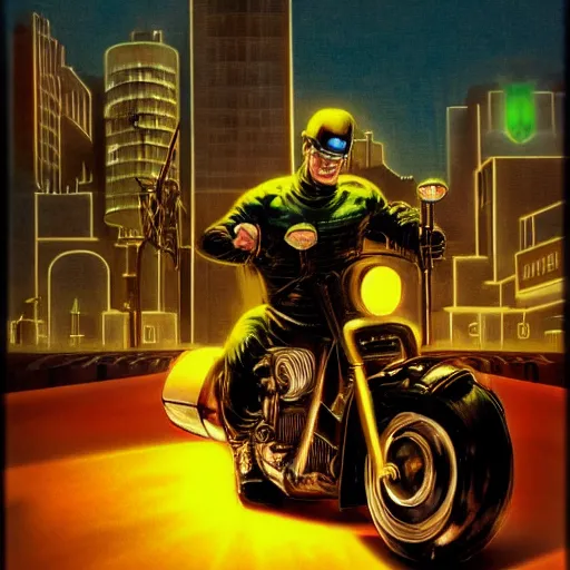 Prompt: cyborg rides a motorcycle down gotham city art deco highway, goliath statue support beams, ayn rand raised highway, filiment buld traffic lights, golden light, dark oil painting, global illumination