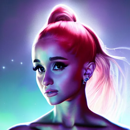 Prompt: A hyper real comic book style portait painting of Ariana Grande walking on the moon, unreal 5, hyperrealistic, octane render, cosplay, RPG portrait, dynamic lighting