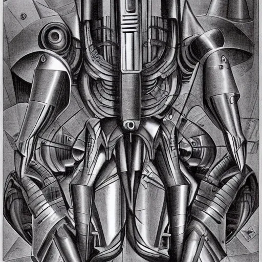 Image similar to combat mecha by m. c. escher, h. r. giger