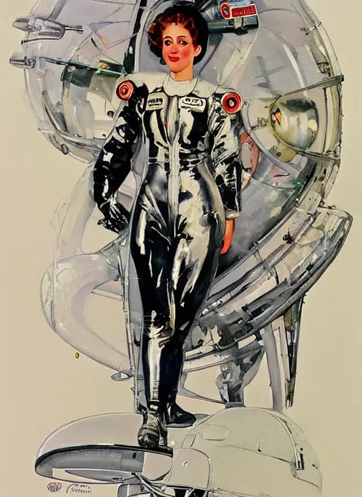 Image similar to a copic maker art nouveau portrait of gretchen ross on a futuristic latex puffy pilot suit by john berkey norman rockwell