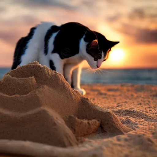Image similar to photo of a cat building a sandcastle on a beach, photorealistic, 8 k photo, golden hour, award winning editorialized