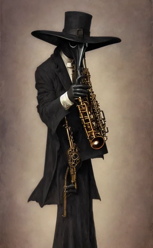 Image similar to portrait of man in black trench coat, holding an alto saxophone and wearing steam punk plague doctor mask and a black top hat, highly detailed, artstation, concept art, by krenz cushart and donato giancola and william adolph bouguereau and alphonse mucha,