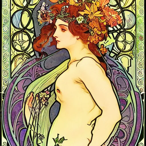 Image similar to persephone as goddess of the underworld and flowers, painted by alphonse mucha