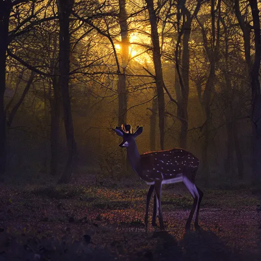 Image similar to a beautiful spotted deer in the woods lit by the morning sky, sunrise, chital, photorealistic, by annie leibovitz and steve mccurry, natural light, canon eos c 3 0 0, ƒ 1. 8, 3 5 mm, 8 k, medium - format print