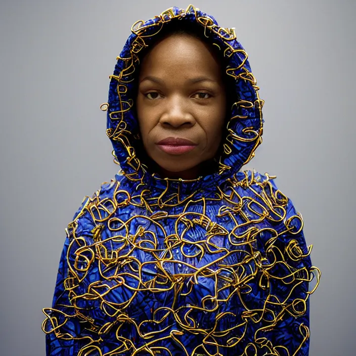 Image similar to a woman wearing a hood made of wire and plastic, in a laundry mat, color photograph, by kehinde wiley, canon eos c 3 0 0, ƒ 1. 8, 3 5 mm, 8 k, medium - format print