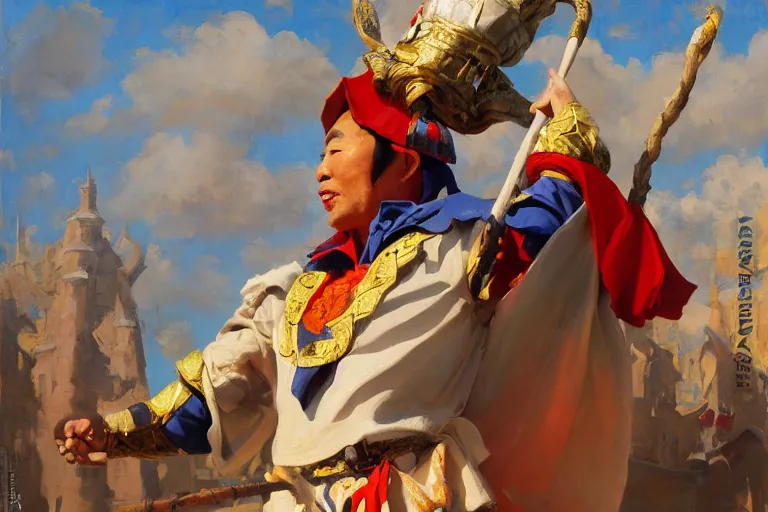 Image similar to greg manchess portrait of an asian man in a jester outfit cheering in the center of an arena, profile picture, organic painting, sunny day, matte painting, bold shapes, hard edges, street art, trending on artstation, by huang guangjian, gil elvgren, ruan jia, randy vargas, greg rutkowski