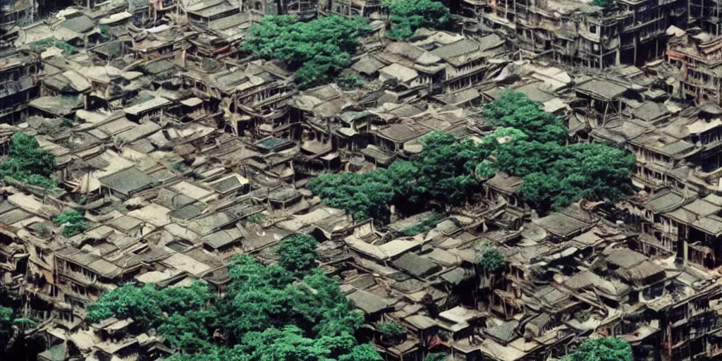 Image similar to studio ghibli film still of a forest city, kowloon walled city, ruined buildings, animals