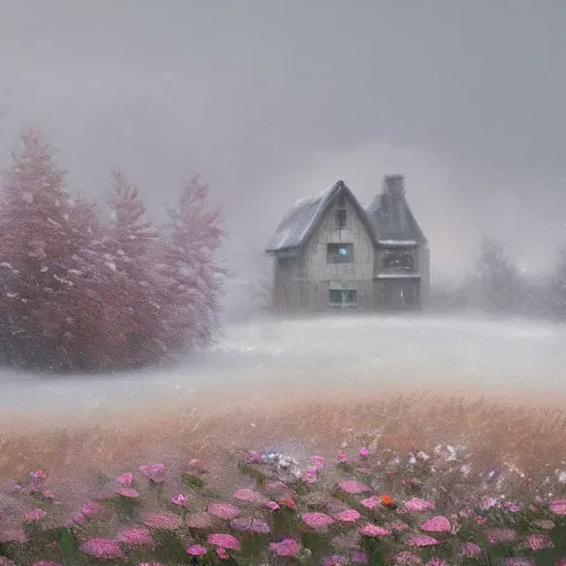 Image similar to a matte painting of a prairie, cottage close up, snow, foggy, patchy flowers, oil painting, pale colors, high detail, 8 k, wide angle, trending on artstation,