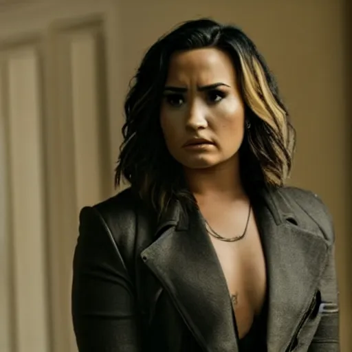 Image similar to close-up of Demi Lovato as a detective in a movie directed by Christopher Nolan, movie still frame, promotional image, imax 70 mm footage