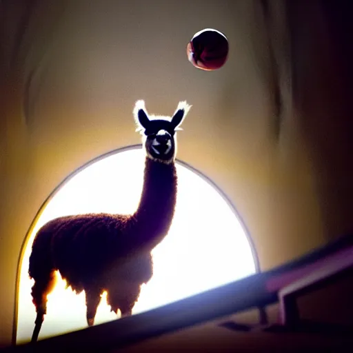 Image similar to film still of a llama dunking a basketball, low angle, extreme long shot, indoors, dramatic backlighting