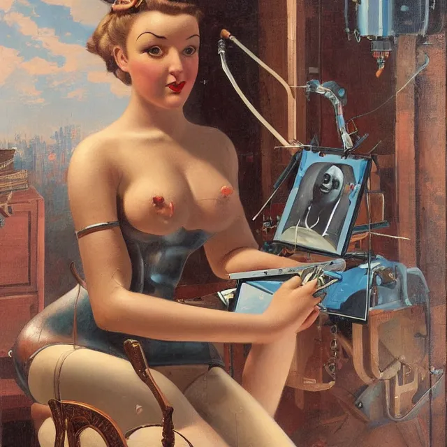 Image similar to robot artist painting a self - portrait on a canvas. intricate, highly detailed, digital matte painting in the style of gil elvgren and in the style of hans thoma. irony, recursion, inspiration.