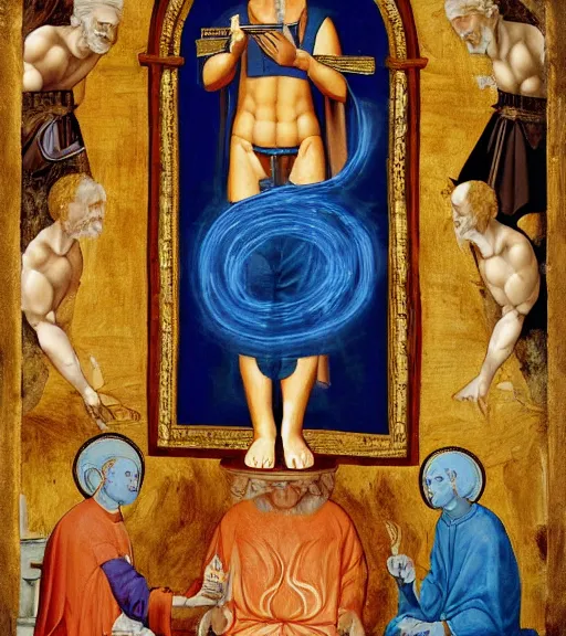 Image similar to hank hill wearing a white tshirt as the god of propane surrounded by blue fire and blue flames, renaissance religious painting, late gothic religious paintings, byzantine religious art, painting by duccio di buoninsegna and carlo crivelli, trending on artstation