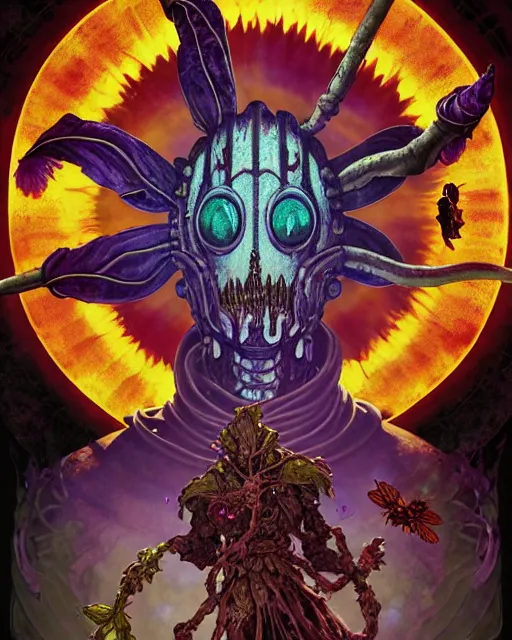 Image similar to the platonic ideal of flowers, rotting, insects and praying of cletus kasady carnage thanos davinci nazgul wild hunt chtulu mandala ponyo botw bioshock, d & d, fantasy, ego death, decay, dmt, psilocybin, concept art by randy vargas and greg rutkowski and ruan jia and alphonse mucha