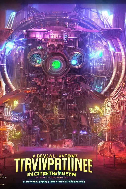 Prompt: a concert poster, tourname is invasion of the tripmachines, realistic digital art, 3 d render of two huge futuristic steampunk generators inside a steampunk machinery, 8 k, fluorescent colors, halluzinogenic, multicolored, exaggerated detailed, unreal engine