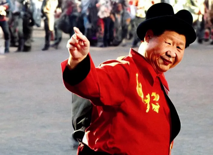 Prompt: xi jinping dressed as a cowboy wearing a disguise while he sinks into a tar pit wide shot, from the hit 9 0 s tv show