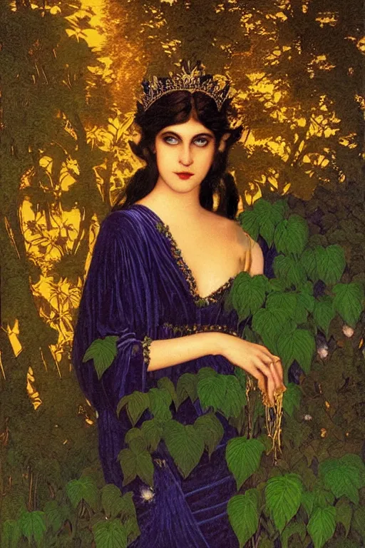 Prompt: beautiful portrait of the queen of night at twilight| richly embroidered velvet| lush foliage | dramatic lighting | Maxfield Parrish and John Waterhouse | rich colors