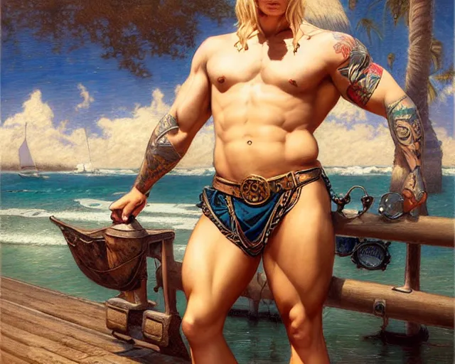 Prompt: handsome tattooed blonde gym bro by the water, steampunk painting by artgerm, gaston bussiere, craig mullins, j. c. leyendecker, tom of finland