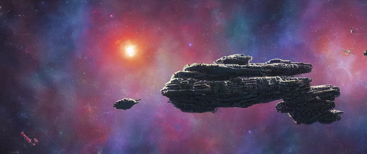 Image similar to tiny spaceship!!, deep space exploration!!!, flying, the expanse tv series, industrial design, the final frontier, illustrative!!, punk, space pirate, painterly, hyperdetailed, hyperrealistic, utilitarian cargo ship, underexposed, cinematic lighting, 4k, wide angle, beksinski, ((neon colors))