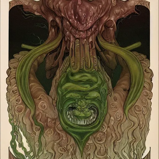 Image similar to surreal cronenberg mutation slime monster, rutkowski, mucha