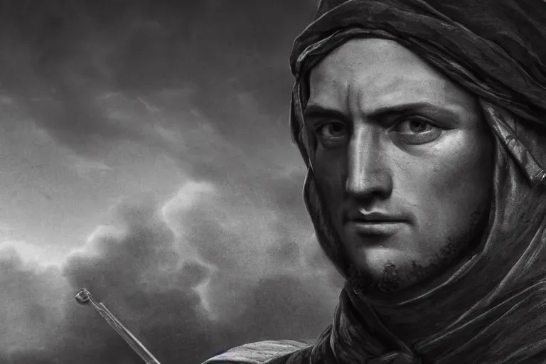 Prompt: still photo of renaissance age war man looking at the camera in a battlefield, black and white color aesthetic, highly detailed, photorealistic portrait, bright studio setting, studio lighting, crisp quality and light reflections, unreal engine 5 quality render