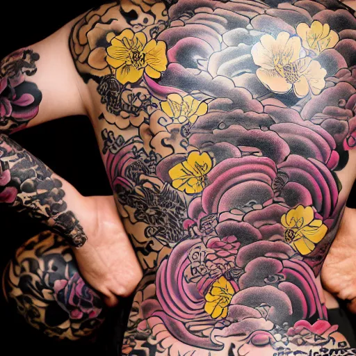 Prompt: photography of the back of a woman with a black detailed irezumi tatto representing a gold tiger with pink flowers on her entire back, dark hangar background, mid-shot, editorial photography