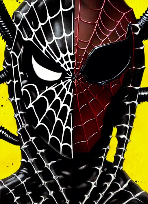 Image similar to highly detailed closeup portrait of a cyborg venom symbiote in spiderman suit with skeleton skull face, black hoodie by atey ghailan, by greg rutkowski, by greg tocchini, by james gilleard, by joe fenton, by kaethe butcher, gradient, yellow, black, brown and white color scheme, grunge aesthetic!!! white graffiti tag wall background