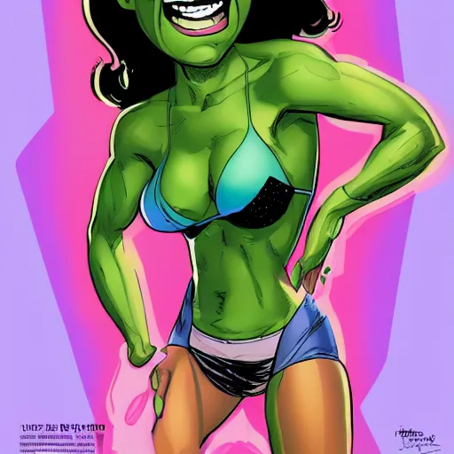 Image similar to Actress Zoe Saldana as She-Hulk, smiling, poster framed, comic pinup style, sports illustrated, detailed legs, artstation, illustration, posterized, Roge Antonio, Jen Bartel