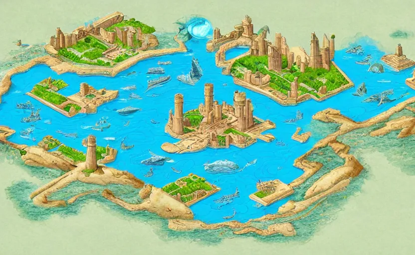 Image similar to isometric map of the lost city of Atlantis, fantasy illustration