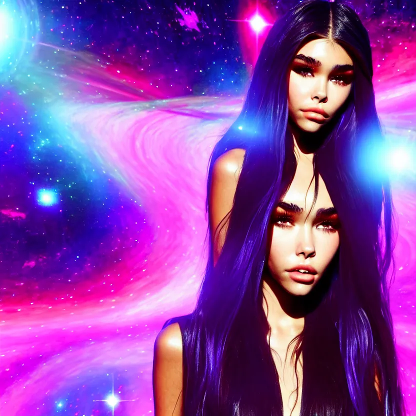 Image similar to madison beer a an intergalactic popstar dancing on a planet, render, blender render, unity render, 4 k wallpaper, art station trending, artstation 4 k coherent, coherent, 4 k, detailed, hyperdetailed, artifact - free, completely coherent, sharp, madison beer