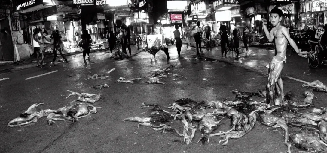 Prompt: 1 9 9 3, disposable camera, flash, pov, saigon street male : creature, many legs, standing, meat, ooze, slime, veins, wet