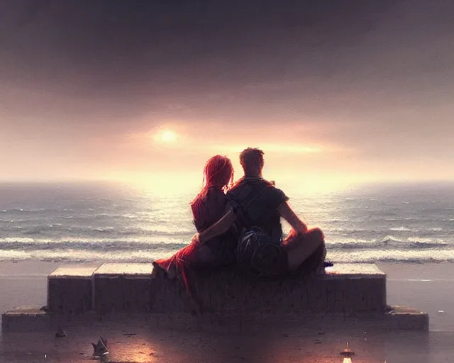 Image similar to couple sitting in front of the ocean, detailed intricate illustration, dark atmosphere, detailed illustration, hd, 4 k, digital art, overdetailed art, by greg rutkowski, by loish, complementing colors, trending on artstation, deviantart